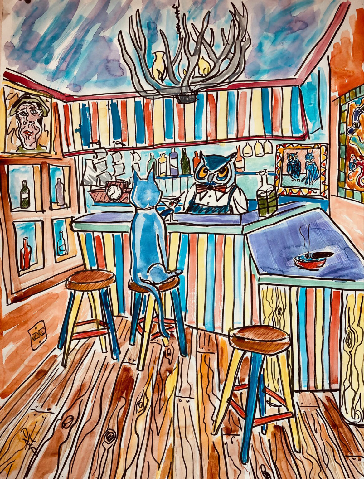 A Cat Walks Into A Bar (Watercolor Sketch)